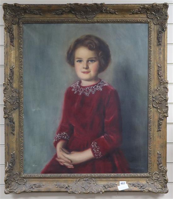 Maurice Litten (1919-1979), oil on canvas, portrait of a girl in a red dress, signed, 75 x 62cm